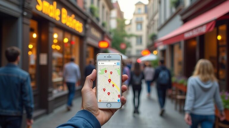 person holding smartphone showing map while walking through busy city street