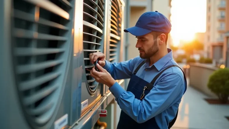 technician performing routine air conditioner maintenance to ensure efficient cooling
