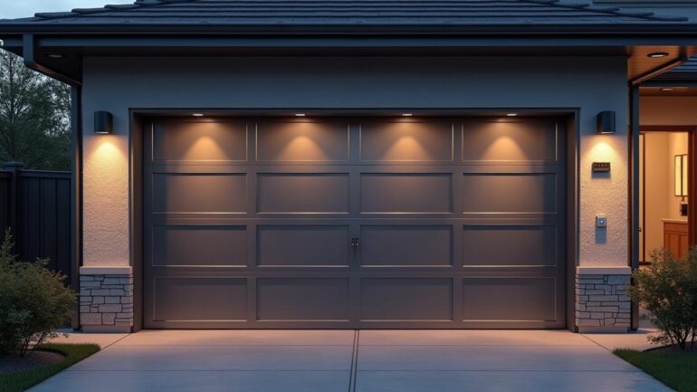 modern two car garage with exterior lighting on residential home front