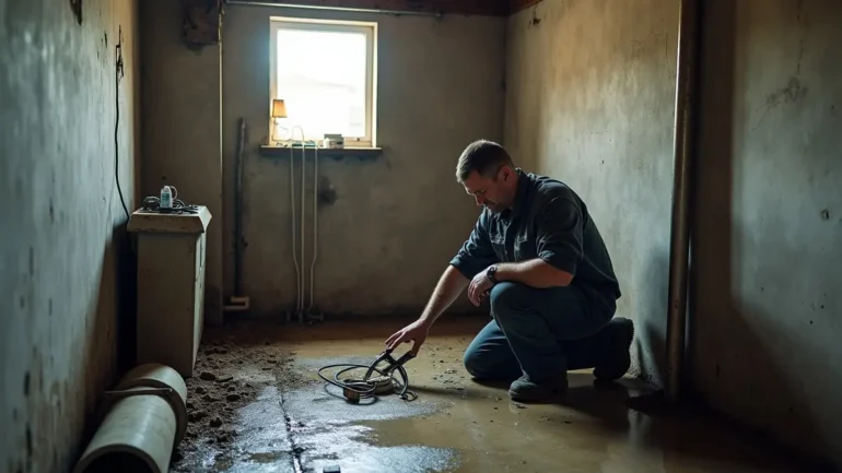 technician inspecting basement for waterproofing solutions to prevent moisture