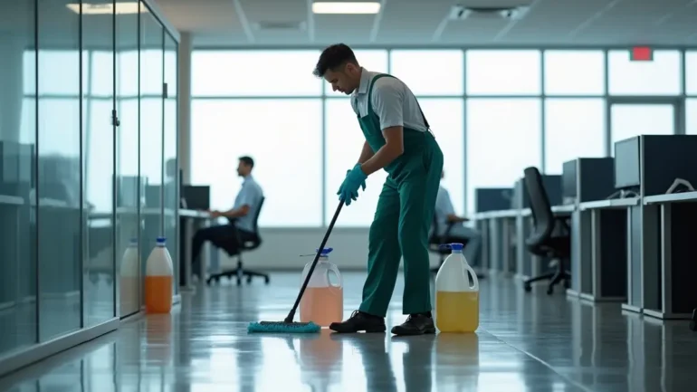professional cleaner maintaining commercial facility for healthier work environment