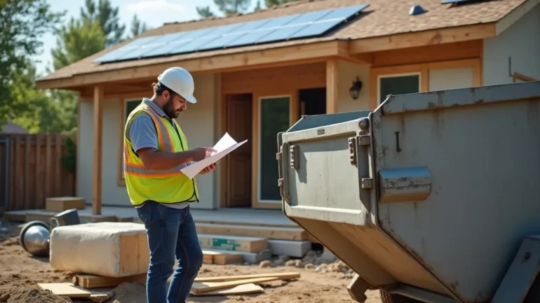 contractor using dumpster rental during energy-efficient home upgrade preparations