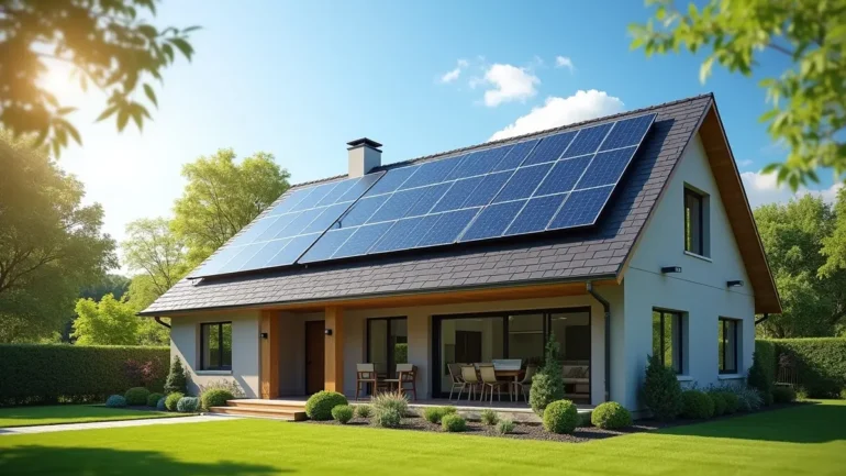 home equipped with solar roof panels reducing electricity costs