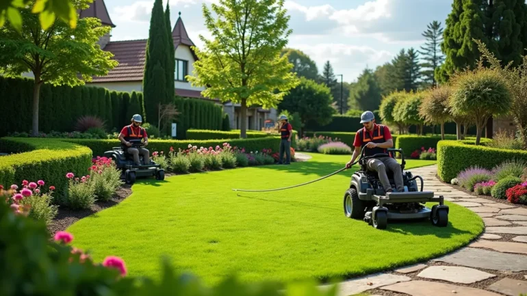 professional landscaping team creating a beautiful well maintained outdoor space
